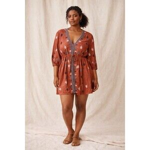 Free People Rust Embroidered Boho Mini Dress XS Long Sleeve